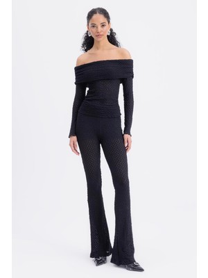 Moda Days Kadın Siyah Dantel Dokulu Slim Fit Ispanyol Paça Uzun Pantolon