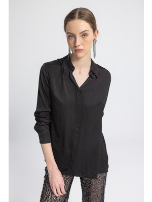 Moda Days Kadın Siyah Saten Dokulu Regular Fit Uzun Kollu Gömlek Yaka Gömlek