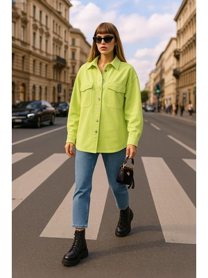 Banny Jeans Kadın Oversize Jean Gömlek Neon Yeşil