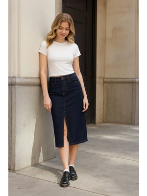 Banny Jeans Kadın Yırtmaçlı Midi Jean Etek