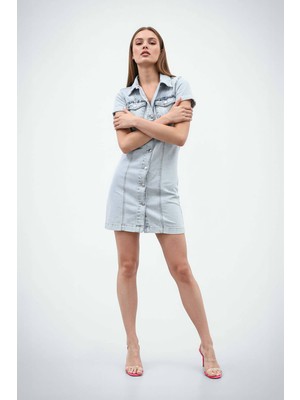 Banny Jeans Kısa Kollu Önden Düğmeli Jean Elbise Açık Mavi