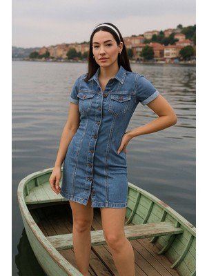 Banny Jeans Kısa Kollu Önden Düğmeli Jean Elbise Mavi
