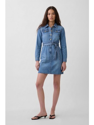 Blue White Kadın Uzun Kollu Jean Elbise Mavi10
