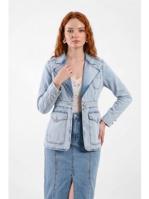 Banny Jeans Kadın Uzun Kollu Tek Düğmeli Jean Ceket Açık Mavi