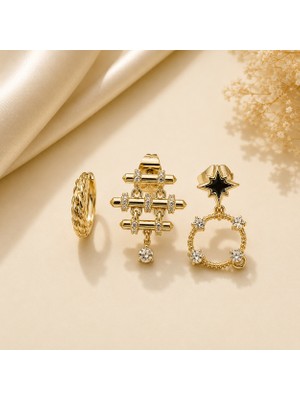Hotchic Hotchıc Starry Charm Üçlü Gold Çelik Küpe Seti