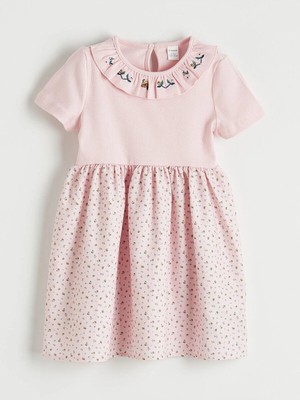 LC Waikiki Lcw Kids Pembe Çiçek Nakışlı Kız Çocuk Fırfırlı Elbise