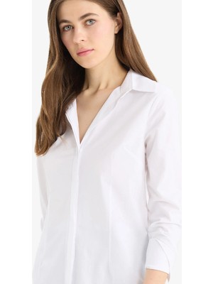 DeFacto Fitted Basic Düz Bengalin Uzun Kollu Basic Düz Beyaz Gömlek Y4651AZ25SM