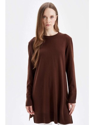 DeFacto Regular Fit Bisiklet Yaka Yırtmaçlı Basic Düz Triko Kazak Tunik H3431AZ24AU