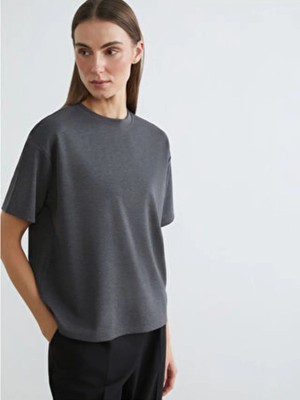 LC Waikiki Lcwaıkıkı Basic Antrasit Bisiklet Yaka Oversize Kadın Tişört