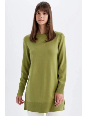 DeFacto Regular Fit Bisiklet Yaka Yırtmaçlı Basic Düz Triko Kazak Tunik H3431AZ24AU