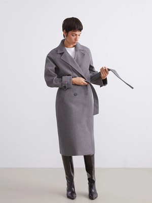 LC Waikiki Lcw Vision Gri Ceket Yaka Oversize Kadın Kaşe Kaban