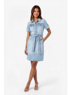 Blue White Kadın İki Cepli Açık Mavi Jean Elbise Kemerli Regular Fit