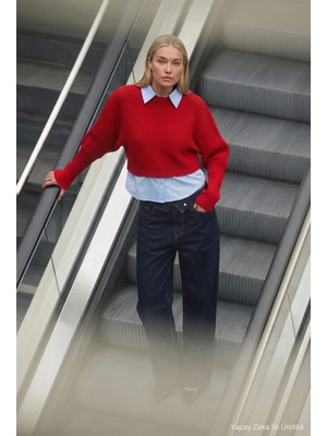 It's Basic Kadın Kırmızı W6-19 Oversize Tek Parça Gömlek Yaka Detaylı Tasarım Triko Kazak