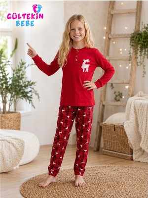 Gültekin Bebe Tarık Interlok Kumaş Geyik Nakışlı Kız Pijama Takımı 11-16 Yaş -TA6736470 - Kırmızı