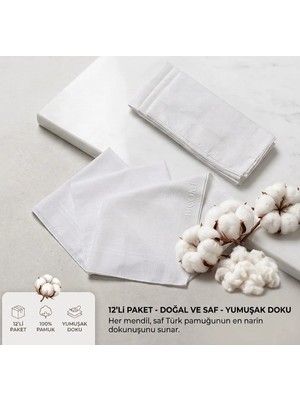 Biçomi 12'li Paket %100 Pamuklu Yumuşak & Emici Hijyenik Beyaz El ve Cep Kumaş Mendil Seti (39X39 Cm)
