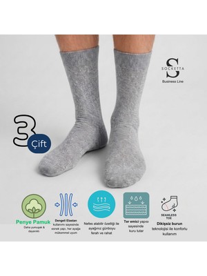 Socketta 3'lü Gri Melanj Erkek Business Pamuk Dikişsiz Esnek Soket Çorap - Premium