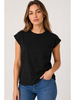 Sortie Collection Kadın Düşük Kollu Rahat Kesim Pamuklu Basic Tshirt Siyah