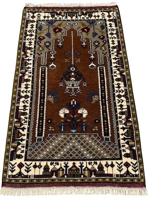 Burak Halı El Dokuması Sıfır Yahyalı Seccade 85X140 Kahverengi Beyaz Kök Boya %100 Yün Açık Kahverengi