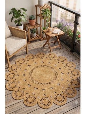 Tropikal Home Jüt Hasır Yuvarlak Kilim Halı Yolluk Dekoratif Örgü Halı Doğal Görünümlü Bohem Kilim Salon Oturma Odası Balkon Mutfak Yatak Odası Koridor