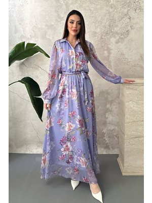 Moda Days Kadın Lila Çiçek Desenli Şifon Gömlek Yaka Kuşaklı Uzun Kollu Maxi Elbise