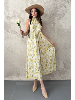 Moda Days Kadın Sarı Çiçek Desenli Halter Yaka Büzgülü Askısız Maxi Elbise