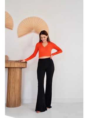 Moda Days Kadın Siyah Ispanyol Paça Yüksek Bel Düz Uzun Günlük Pantolon
