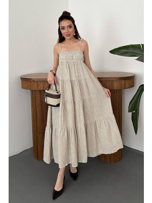 Moda Days Kadın Kahve Ince Askılı Gipeli Çizgili Kat Katlı Maxi Müslin Yazlık Elbise