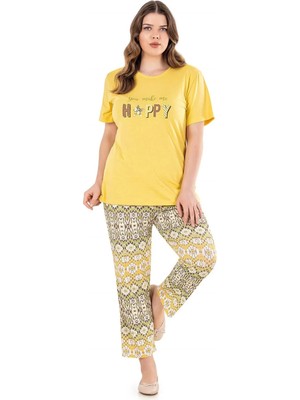 Flz Büyük Beden Battal Yazlık Kısa Kol Modal Pamuk Happy Baskılı Pijama Takımı  DOWRYB08-60