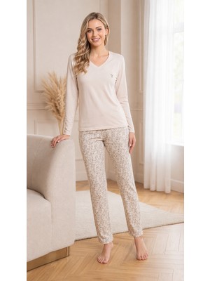 Flz Kadın Viskon Pijama Takımı Kışlık Uzun Kollu V Yaka Desenli Rahat Pijama M L Xl Xxl 89-158