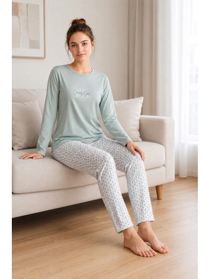 Flz Kadın Kışlık Viskon Pijama Takımı Uzun Kollu Bisiklet Yaka Desenli Pantolon M L Xl Xxl 89-160