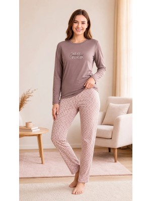 Flz Kadın Kışlık Viskon Pijama Takımı Uzun Kollu Bisiklet Yaka Desenli Pantolon M L Xl Xxl 89-160