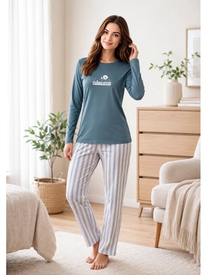 Flz Kadın Kışlık Viskon Pijama Takımı Uzun Kollu Çizgili Pantolon Rahat Kalıp M L Xl Xxl 89-162