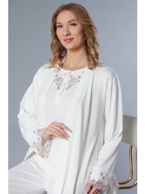 Sabahlıklı Pijama Takımı – Uzun Kollu Dantel Detaylı Zakkum Kumaş 3'lü Set Flz 31-142