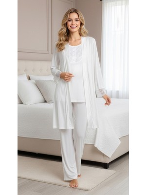 Beyaz Sabahlık Pijama Takımı – Uzun Kollu Dantel Detaylı Zakkum Kumaş 3'lü Set Flz  31-143