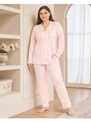 Büyük Beden Kadın Boydan Düğmeli Çizgili Mevsimlik Pijama Takım B790-45
