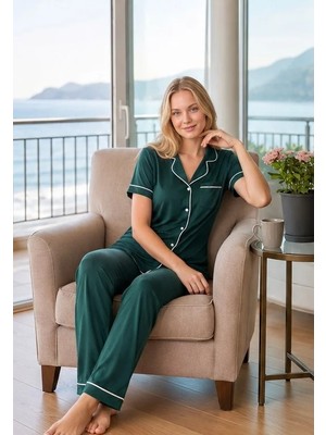 Kadın Viskon Pijama Takımı Yazlık Kısa Kollu Boydan Düğmeli Biyeli Şık Pijama M L Xl Xxl 780-108