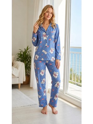 Kadın Viskon Pijama Takımı Mevsimlik Uzun Kollu Boydan Düğmeli Desenli Pijama S M L Xl 79-133