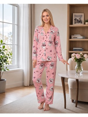 Kadın Viskon Pijama Takımı Mevsimlik Uzun Kollu Boydan Düğmeli Desenli Pijama S M L Xl 79-133