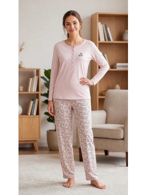 Flz Kadın Viskon Pijama Takımı Kışlık Uzun Kollu Patlı Düğmeli Yaka Desenli Pantolon M L Xl Xxl 89-156
