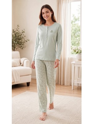 Flz Kadın Viskon Pijama Takımı Kışlık Uzun Kollu Patlı Düğmeli Yaka Desenli Pantolon M L Xl Xxl 89-156