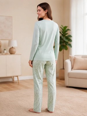 Flz Kadın Viskon Pijama Takımı Kışlık Uzun Kollu Bisiklet Yaka Desenli Rahat Pijama M L Xl Xxl 89-157