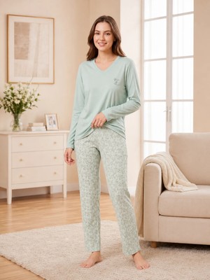 Flz Kadın Viskon Pijama Takımı Kışlık Uzun Kollu V Yaka Desenli Rahat Pijama M L Xl Xxl 89-158