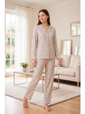 Flz Kadın Kışlık Viskon Pijama Takımı M L XL XXL | Uzun Kollu Boydan Düğmeli Şık Ev Giyim 89-164