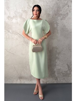 Moda Days Kadın Mint Midi Atlas Elbise Kayık Yaka Balon Kollu Astarlı Düz Dokuma
