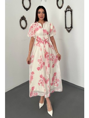Moda Days Kadın Pembe Çiçek Desenli Balon Kollu Kuşaklı Düğmeli Midi Dokuma Elbise