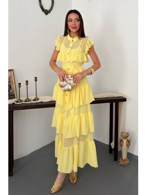 Moda Days Kadın Sarı Şifon Kat Kat Volanlı Kuşaklı Düğmeli Uzun Elbise