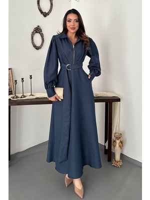Moda Days Kadın Lacivert Uzun Kollu Gömlek Yakalı Fermuarlı Kemerli Cepli Pileli Uzun Elbise