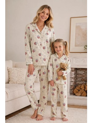 Zepkids Anne Kız Pijama Takımı Mısır Kova Desenli Uzun Kollu Rahat Ev Giyim Takımı