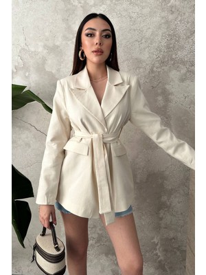 Moda Days Kadın Ekru Çizgili Kuşaklı Astarlı Ceket Yaka Uzun Kollu Blazer Ceket