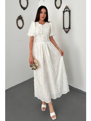 Moda Days Kadın Ekru Brode Işlemeli Balon Kollu Büzgülü Astarlı Uzun Pamuk Elbise
